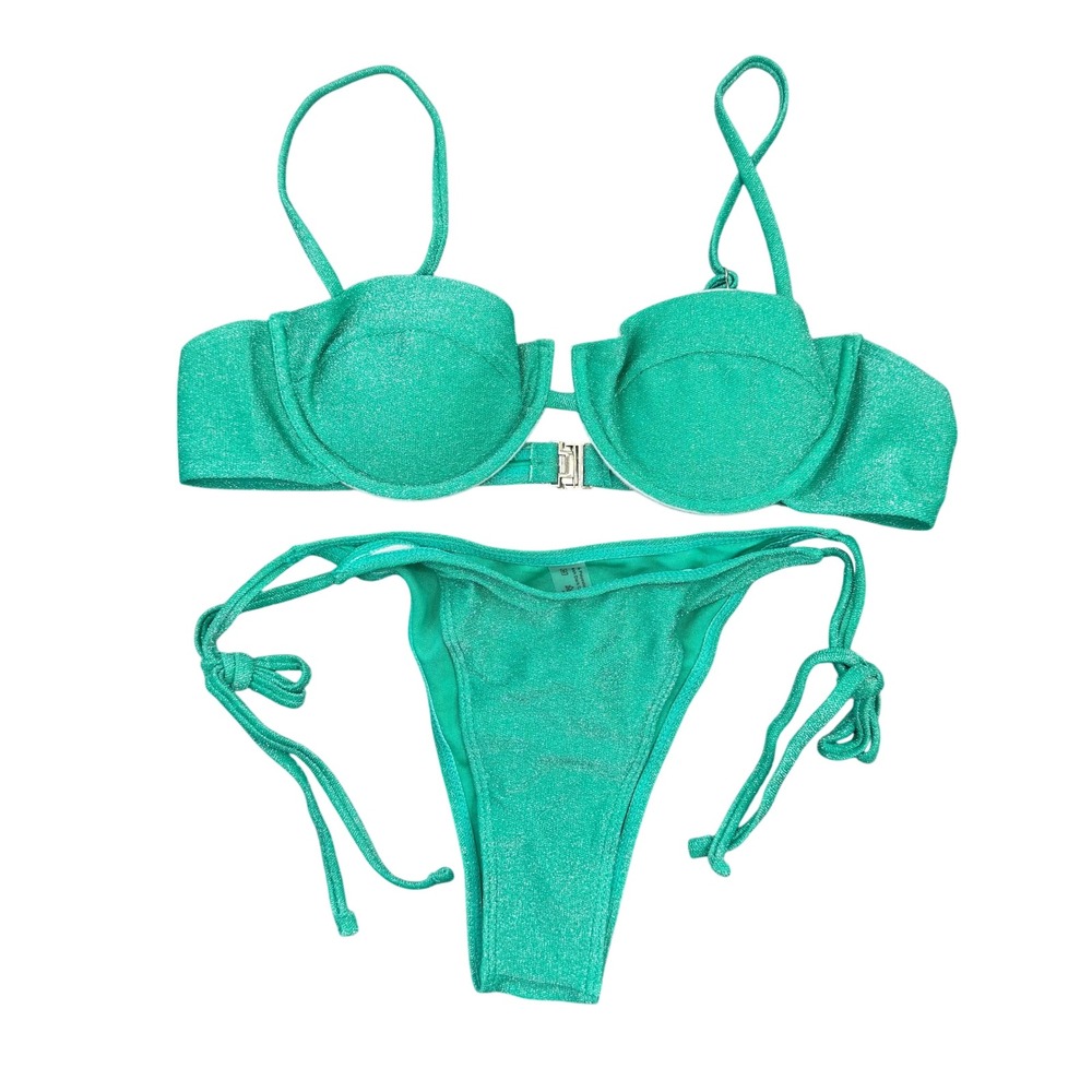 NWT Teal Green Metallic Shimmer Underwire Bikini Set Side Tie Bottoms Sz L Beach
